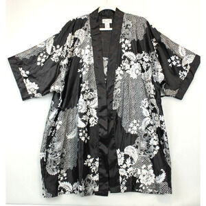 Sante Classic Robe Kaftan Kimono Cover Up Women M Satin Black White Floral
